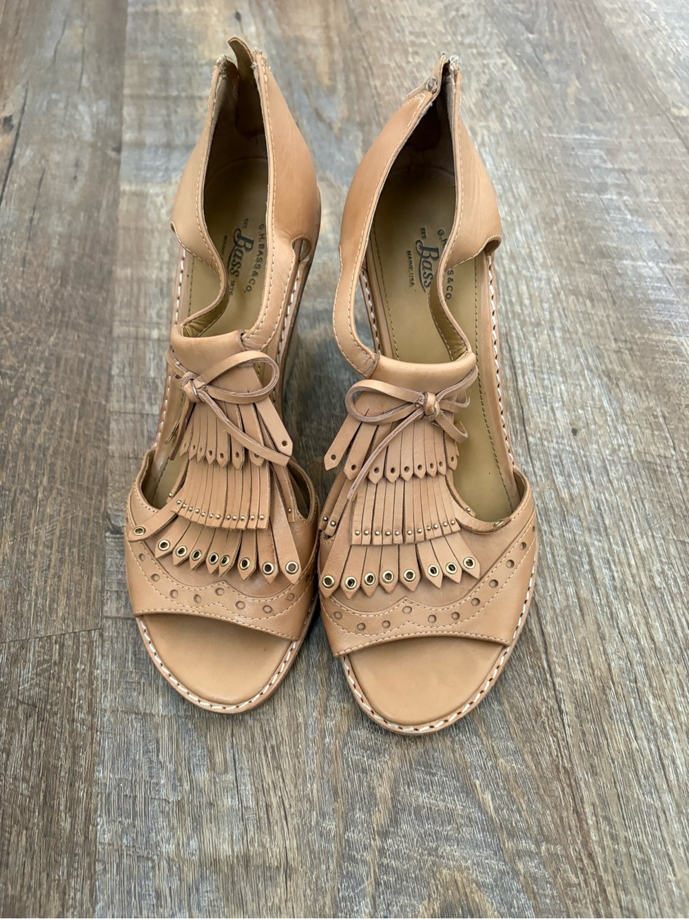 Bass Tan Leather Fringe Open-Toe Heels with Bow Detail